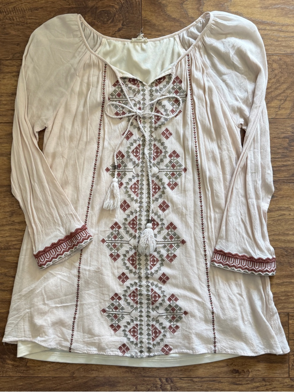 Embroidered Boho Peasant Top - Cream with Rust & Olive Accents